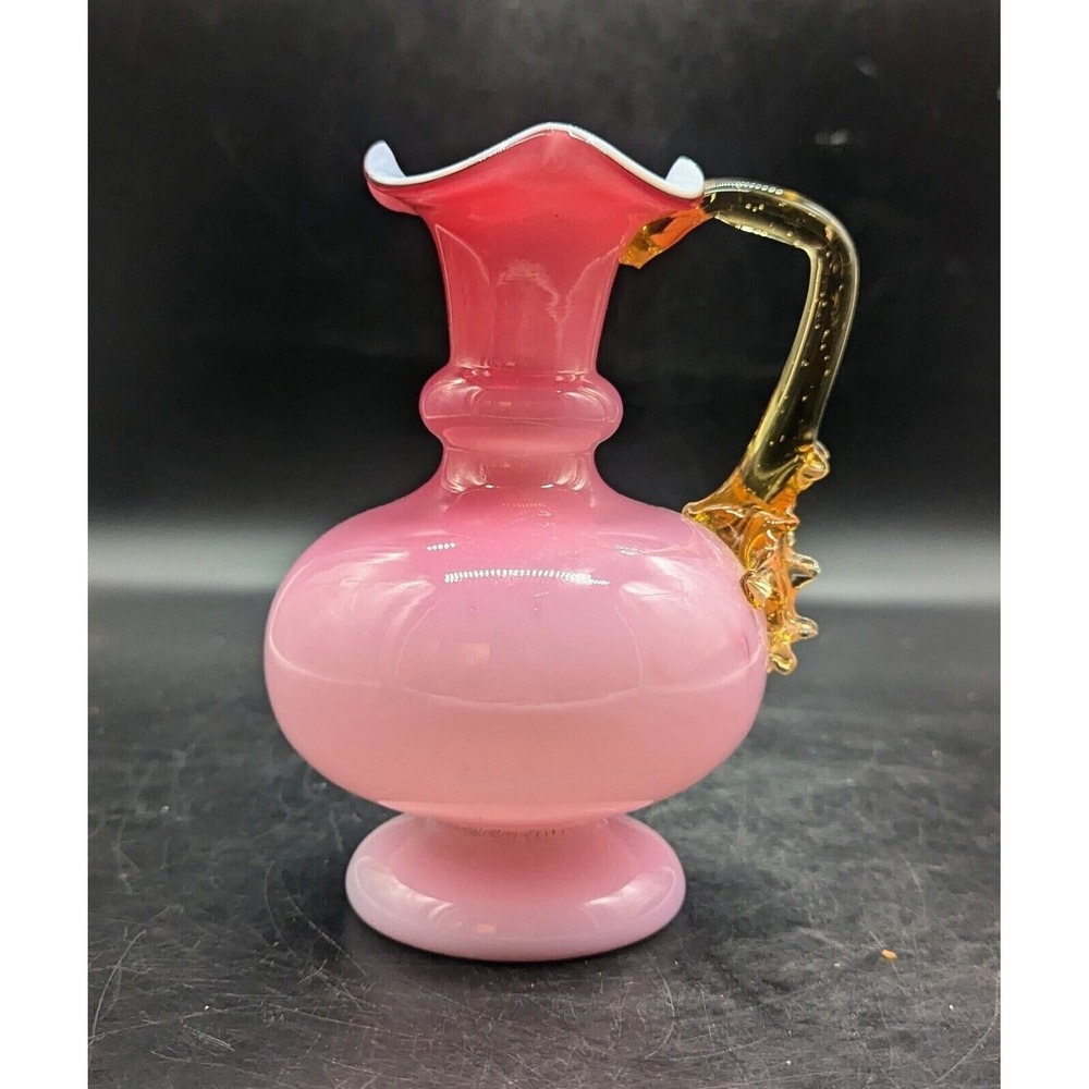 Stevens Williams Cased Peachblow Cranberry Glass Pitcher Thorn Amber Handle Webb